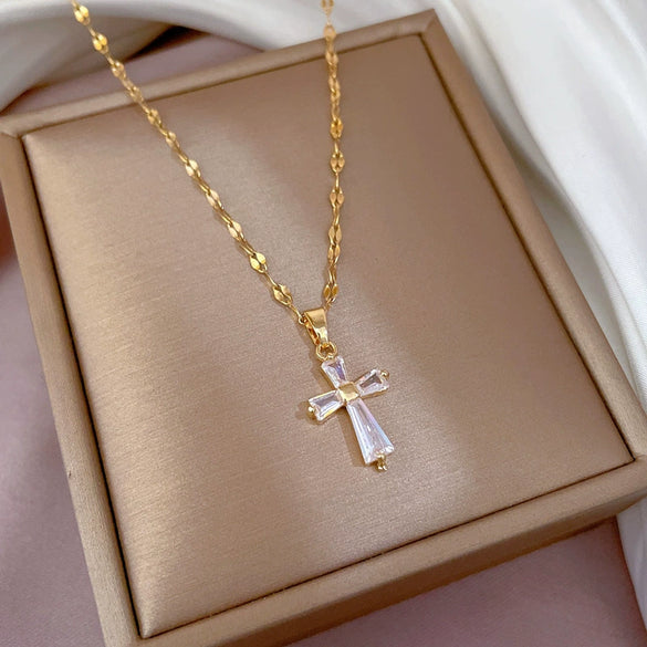 Titanium Steel Cross Square Diamond Microinlaid Women's Cartoon Geometric Necklace