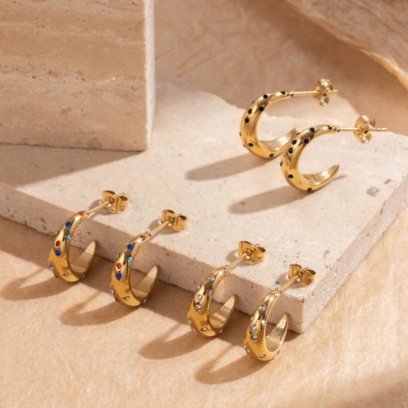 Titanium Steel Cshaped Color Zircon Electroplating Letters Numbers Text Earrings For Women