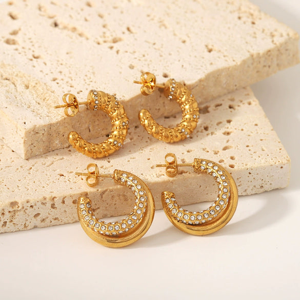 Titanium Steel Cshaped Twist Pattern With Diamond Earrings Electroplated