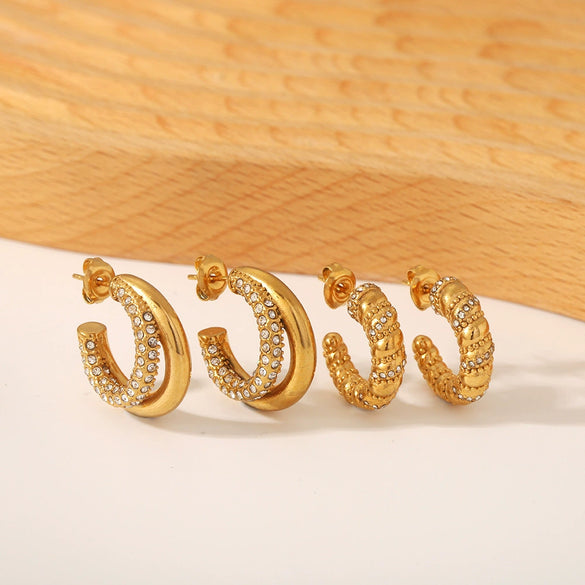 Titanium Steel Cshaped Twist Pattern With Diamond Earrings Electroplated