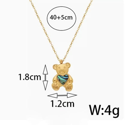 Titanium Steel Cute Bear Heart Shape Plating Inlay Shell Pendant Necklace