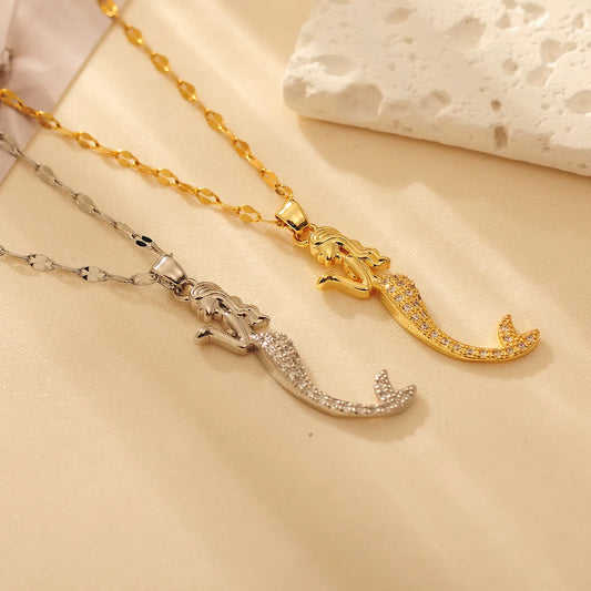 Titanium Steel Cute Lady Classic Style Mermaid Inlay Artificial Rhinestones Pendant Necklace