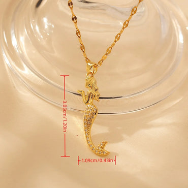 Titanium Steel Cute Lady Classic Style Mermaid Inlay Artificial Rhinestones Pendant Necklace