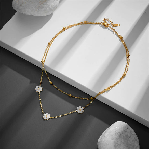 Titanium Steel Daisy Butterfly Double Layer Hip Hop Overlapping Clavicle Chain Necklace With Geometric Pattern And Vacuum Electroplating In Furnace For Women