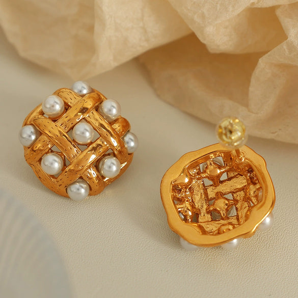 316L Stainless Steel Diamond Pearl Earrings Retro Antique Fashion Electroplating