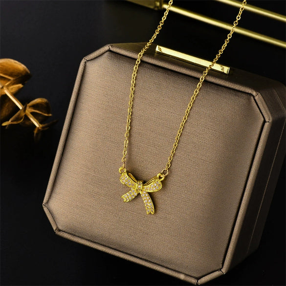 Titanium Steel Diamondencrusted Bow Ochain Necklace With Geometric Design And Electroplating Treatment