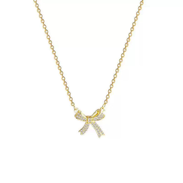 Titanium Steel Diamondencrusted Bow Ochain Necklace With Geometric Design And Electroplating Treatment