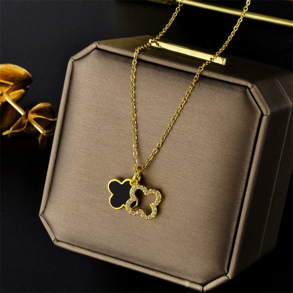Titanium Steel Diamondencrusted Fourleaf Clover Doublesided Shell Clavicle Ball Chain Necklace Gold Inlaid For Girls Light Luxury Geometric Style