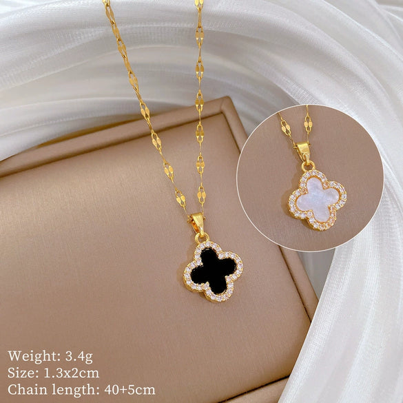 Titanium Steel Diamondencrusted Geometric Fourleaf Flower Cartoon Female Clavicle Necklace