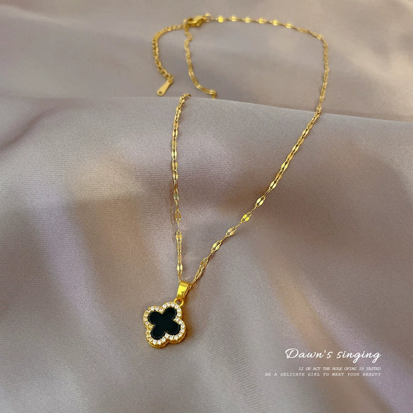 Titanium Steel Diamondencrusted Geometric Fourleaf Flower Cartoon Female Clavicle Necklace