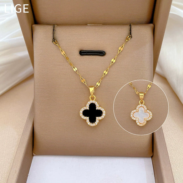Titanium Steel Diamondencrusted Geometric Fourleaf Flower Cartoon Female Clavicle Necklace