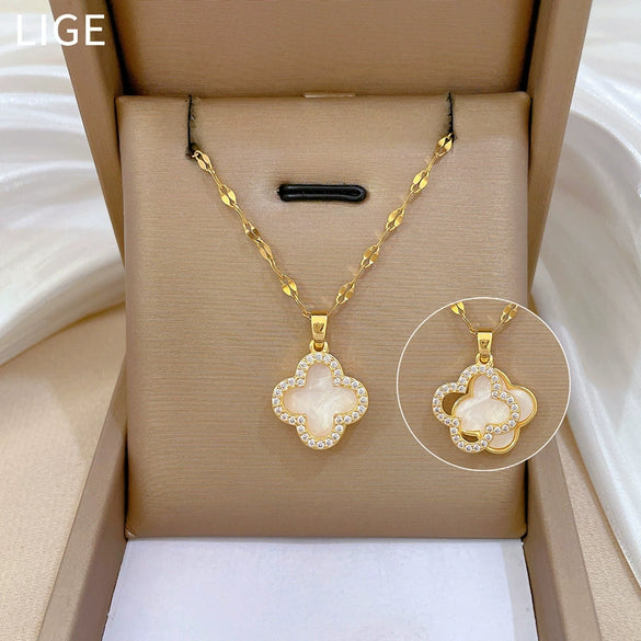 Titanium Steel Diamondencrusted Geometric Fourleaf Flower Cartoonstyle Female Necklace