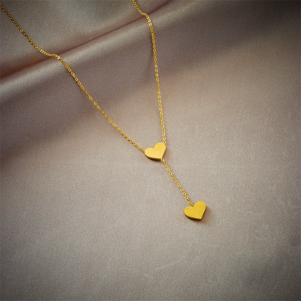 Titanium Steel Double Heart Clavicle Chain With Geometric Pattern And Electroplating Design