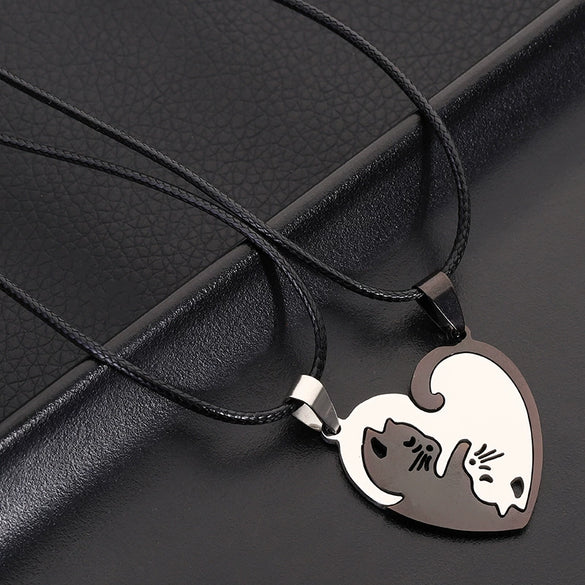 Titanium Steel Double Heart Puzzle Cat Couple Pendant Necklace With Rope Chain Electroplated Simple Unisex Jewelry