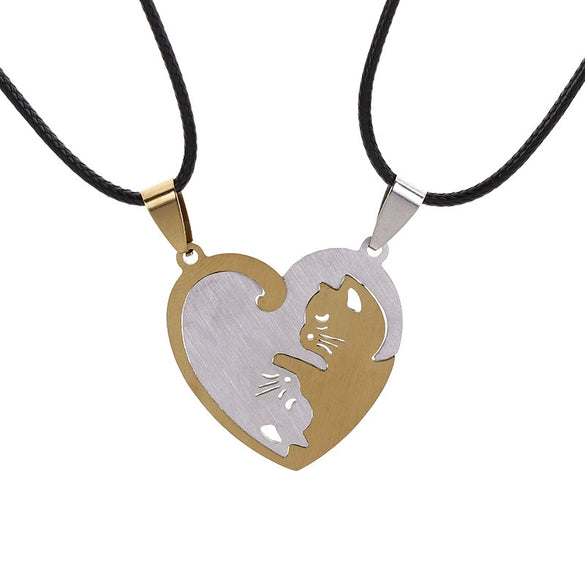 Titanium Steel Double Heart Puzzle Cat Couple Pendant Necklace With Rope Chain Electroplated Simple Unisex Jewelry