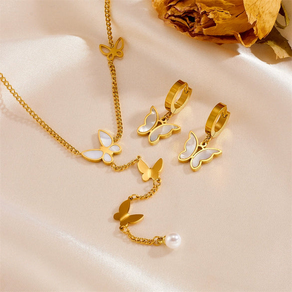 Titanium Steel Double Layer Butterfly Pearl Tassel Necklace And Ear Buckle Set With Love Water Drops Bell Pattern For Women