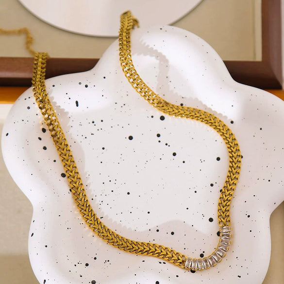 Titanium Steel Double Layer Inlaid Zirconium U Shaped Clavicle Chain With Cuban Chain Stitching Zir Pendant Electroplated Retro Fashion Accessory