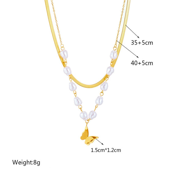 Titanium Steel Double Layer Pearl Frosted Three Dimensional Butterfly Pendant Clavicle Chain For Women With Electroplating Treatment And Bow Tie Pattern