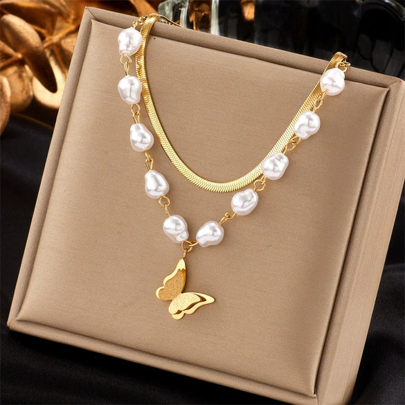 Titanium Steel Double Layer Pearl Frosted Three Dimensional Butterfly Pendant Clavicle Chain For Women With Electroplating Treatment And Bow Tie Pattern
