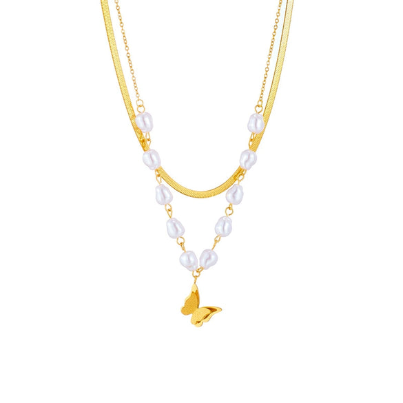 Titanium Steel Double Layer Pearl Frosted Three Dimensional Butterfly Pendant Clavicle Chain For Women With Electroplating Treatment And Bow Tie Pattern