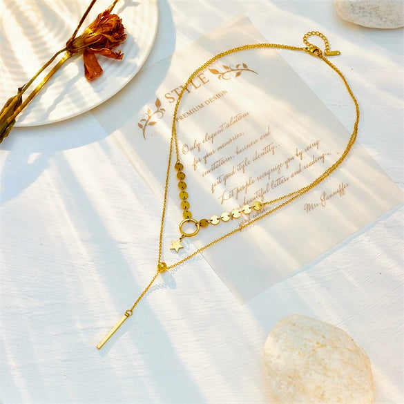 Titanium Steel Double Layer Stacked Tassel Pendant Necklace With Circle Star Shapes Electroplated