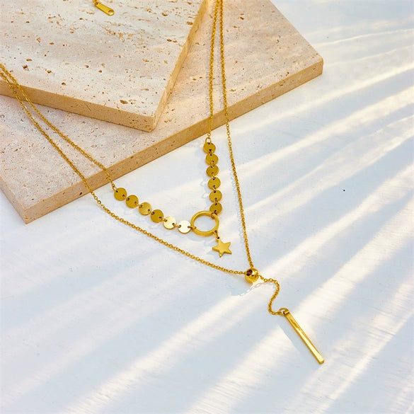Titanium Steel Double Layer Stacked Tassel Pendant Necklace With Circle Star Shapes Electroplated