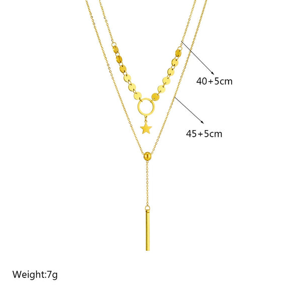Titanium Steel Double Layer Stacked Tassel Pendant Necklace With Circle Star Shapes Electroplated