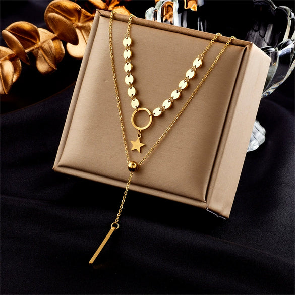 Titanium Steel Double Layer Stacked Tassel Pendant Necklace With Circle Star Shapes Electroplated