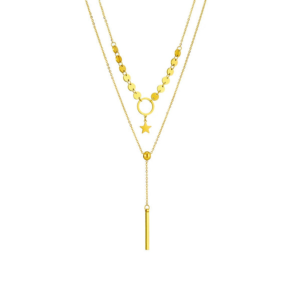Titanium Steel Double Layer Stacked Tassel Pendant Necklace With Circle Star Shapes Electroplated