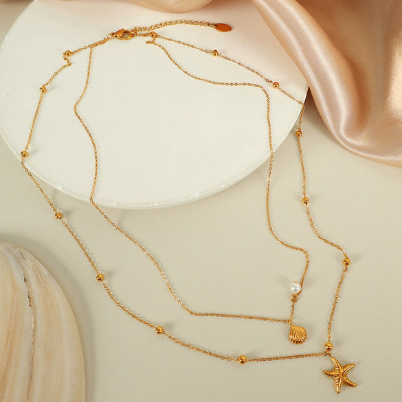 316L Stainless Steel Double Layer Starfish Shell Clavicle Chain Stacked Necklace Vacuum Plated 18K Gold For Women Simple Natural Style