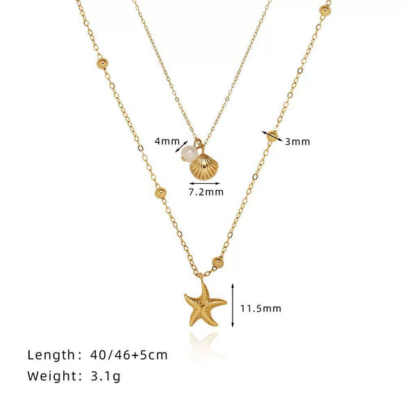Titanium Steel Double Layer Starfish Shell Stacked Clavicle Chain Necklace Vacuum Plated 18K Gold