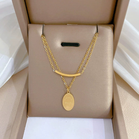 Titanium Steel Double Layer Wafer Necklace With Electroplating Geometric And Cartoon Style