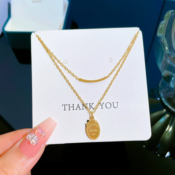 Titanium Steel Double Layer Wafer Necklace With Electroplating Geometric And Cartoon Style