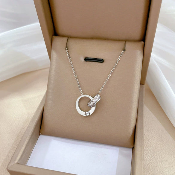 Titanium Steel Double Ring Full Diamond Geometric Style Electroplated Unisex Necklace With Cartoon And Plant Flowers Elements