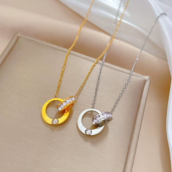 Titanium Steel Double Ring Full Diamond Geometric Style Electroplated Unisex Necklace With Cartoon And Plant Flowers Elements