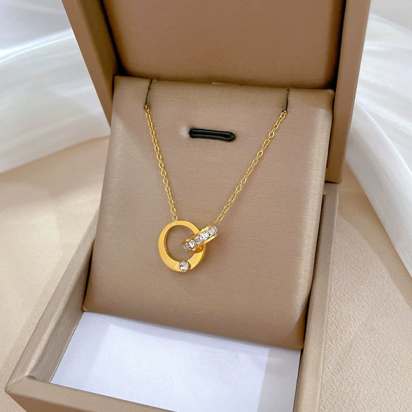 Titanium Steel Double Ring Full Diamond Geometric Style Electroplated Unisex Necklace With Cartoon And Plant Flowers Elements