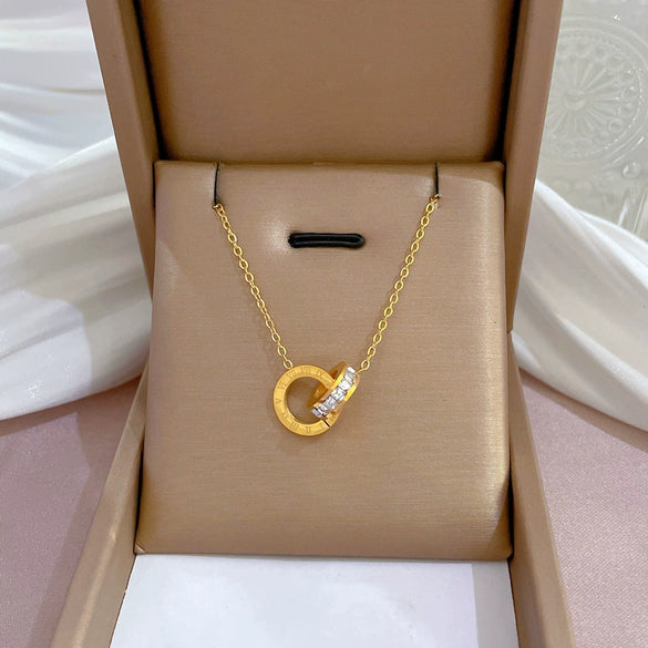 Titanium Steel Double Ring Furnace Real Gold Necklace With Geometric Pattern Electroplating For Female Light Luxury Ultra Simple Style Cartoon And Flower Design