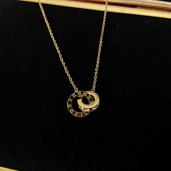 Titanium Steel Double Ring Necklace With Roman Numerals Pendant Golden Light Luxury Clavicle Chain For Women Diamond Treated O Chain