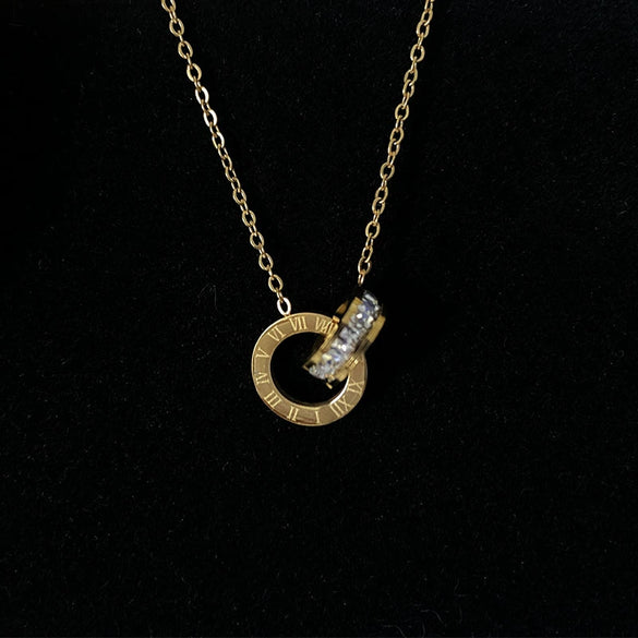 Titanium Steel Double Ring Necklace With Roman Numerals Pendant Golden Light Luxury Clavicle Chain For Women Diamond Treated O Chain