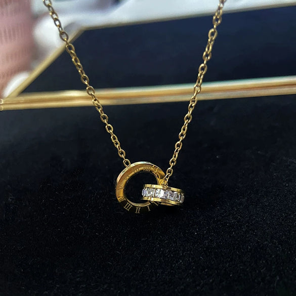 Titanium Steel Double Ring Necklace With Roman Numerals Pendant Golden Light Luxury Clavicle Chain For Women Diamond Treated O Chain