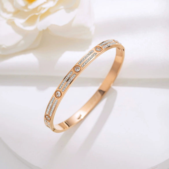 Titanium Steel Double Row Full Diamond Buckle Bracelet Women's Electroplated 18K Rose Gold Light Luxury