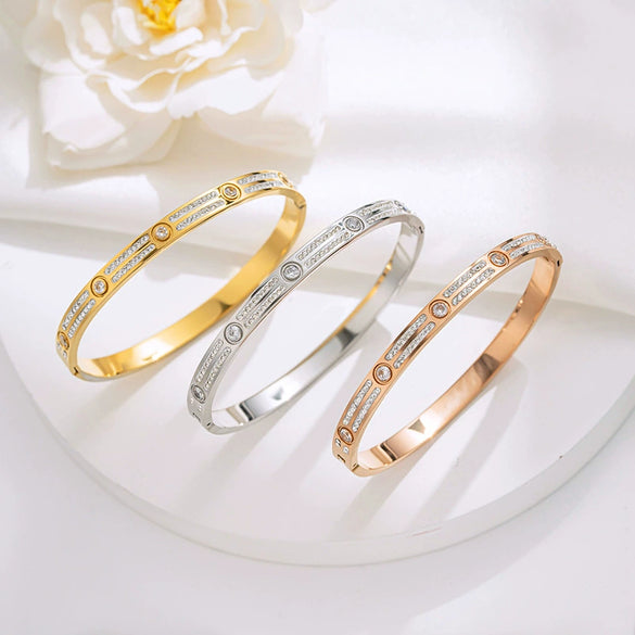Titanium Steel Double Row Full Diamond Buckle Bracelet Women's Electroplated 18K Rose Gold Light Luxury