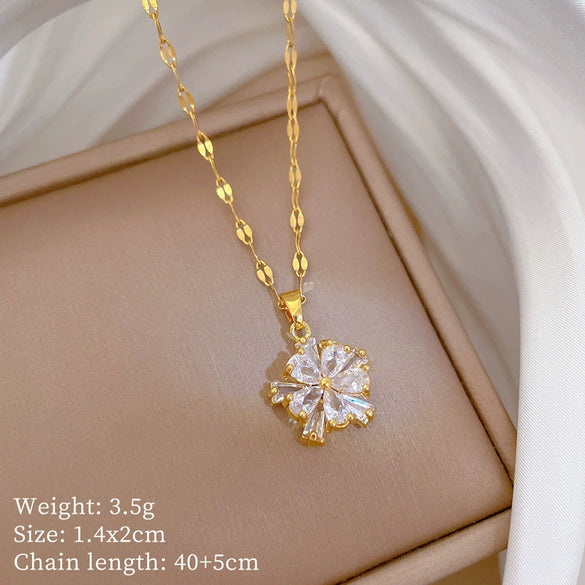 Titanium Steel Doublelayer Flower Geometric Microinlaid Electroplated Women's Necklace Earrings Set