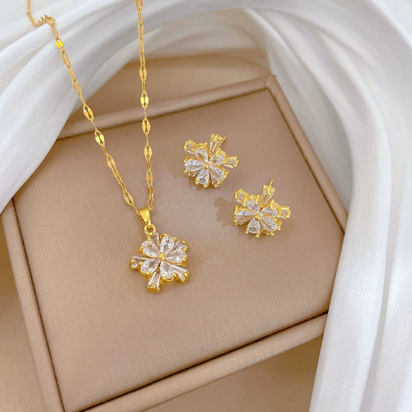 Titanium Steel Doublelayer Flower Geometric Microinlaid Electroplated Women's Necklace Earrings Set