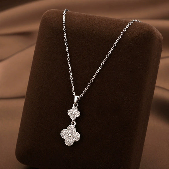 Titanium Steel Doublelayer Fourleaf Clover Necklace With Mixed Gemstone Inlay Electroplating Oshaped Chain For Women Geometric Natural Style