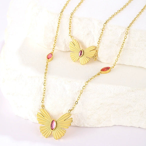 Titanium Steel Doublelayer Stacked Butterfly Bow Tie Pendant Necklace With Electroplating For Women