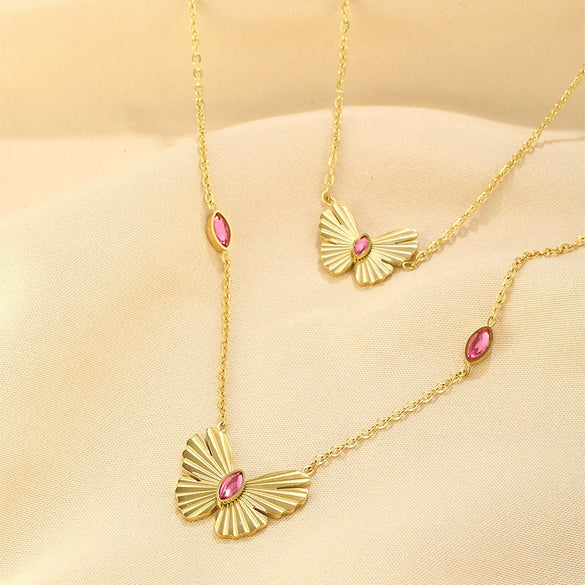 Titanium Steel Doublelayer Stacked Butterfly Bow Tie Pendant Necklace With Electroplating For Women