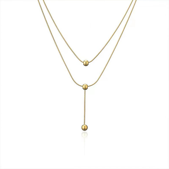 Titanium Steel Doublelayer Stacked Tassel Ball Light Luxury Necklace With Drop Shape And Snake Bone Chain