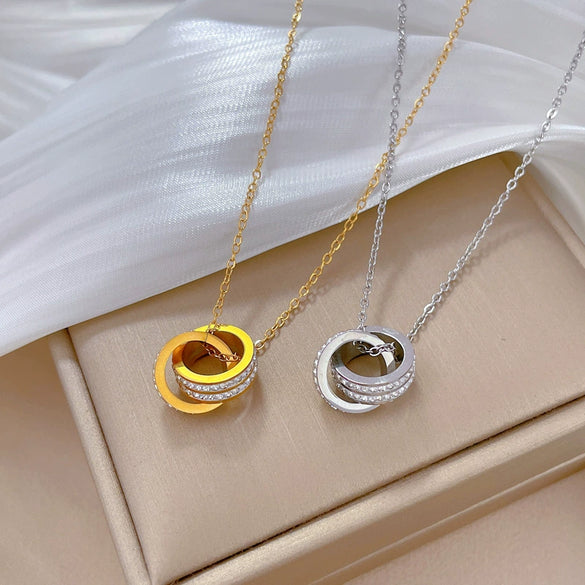 Titanium Steel Doublering Fulldiamond Necklace With Geometric Pattern And Electroplating For Unisex Cartoon Style