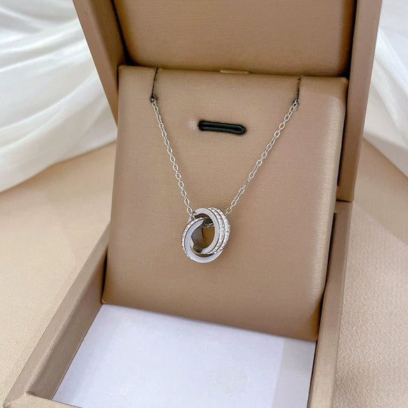 Titanium Steel Doublering Fulldiamond Necklace With Geometric Pattern And Electroplating For Unisex Cartoon Style